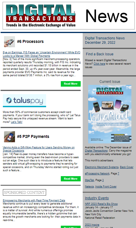 DTPaymentNews's tweet photo. Today’s Digital Transactions News: Nos. 5 & 6 in the Top 10 Countdown; DealerPay Shifts to a Higher Gear
https://t.co/1iroNmvN89
#Venmo #giftwrap #PayPal #peertopeerpayments #FIS #EvoPayments #GaryNorcross #StephanieFerris #JamesKelly https://t.co/pGQVBif0Uw