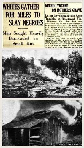 Soulracmusic's tweet photo. The Rosewood Massacre was a racially motivated massacre of black people and a black town that took place the first week of January 1923 in rural Levy county in Florida. Up to 150 people died as a result of this incident and the town was never restored. #welcometoamerikkka https://t.co/bHa2jJJBcA