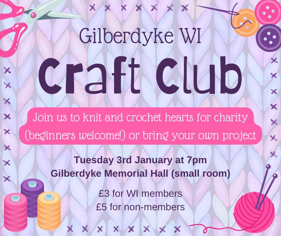 Our first Craft Club meeting of 2023 will be on Tuesday 3rd January at 7pm. We will be knitting and crocheting hearts for charity (or learning to!), but you are very welcome to bring your own project along if that’s not your thing 🧶🧵🪡