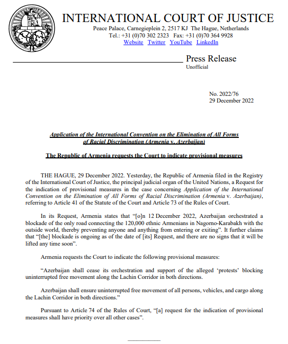 CIJ_ICJ's tweet photo. PRESS RELEASE: Armenia files a Request for the indication of provisional measures in the case concerning Application of the International 
Convention on the Elimination of All Forms of Racial Discrimination (#Armenia v. #Azerbaijan) before the #ICJ https://t.co/wnbHP0BKY2 https://t.co/B2MIpnxt4j