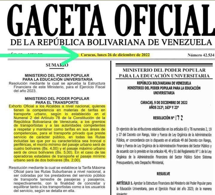 Efectivamente el pasaje mínimo en Caracas está en 5 bs, y dependiendo de la ruta y hora sube a 6 y 7 bs.
Gaceta Oficial