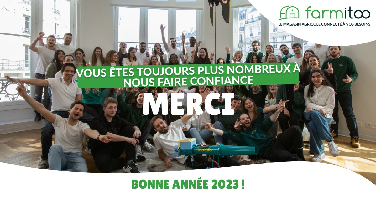 2023 n'est plus très loin, c'est l'occasion pour nous de vous remercier d'être toujours plus nombreux à penser à Farmitoo pour vos achats d'équipement agricole! C'est grâce à vous que nous améliorons tous les jours nos services #BonneAnnee 🎉
#FrAgTw #ceuxquifontdulait #farmlife