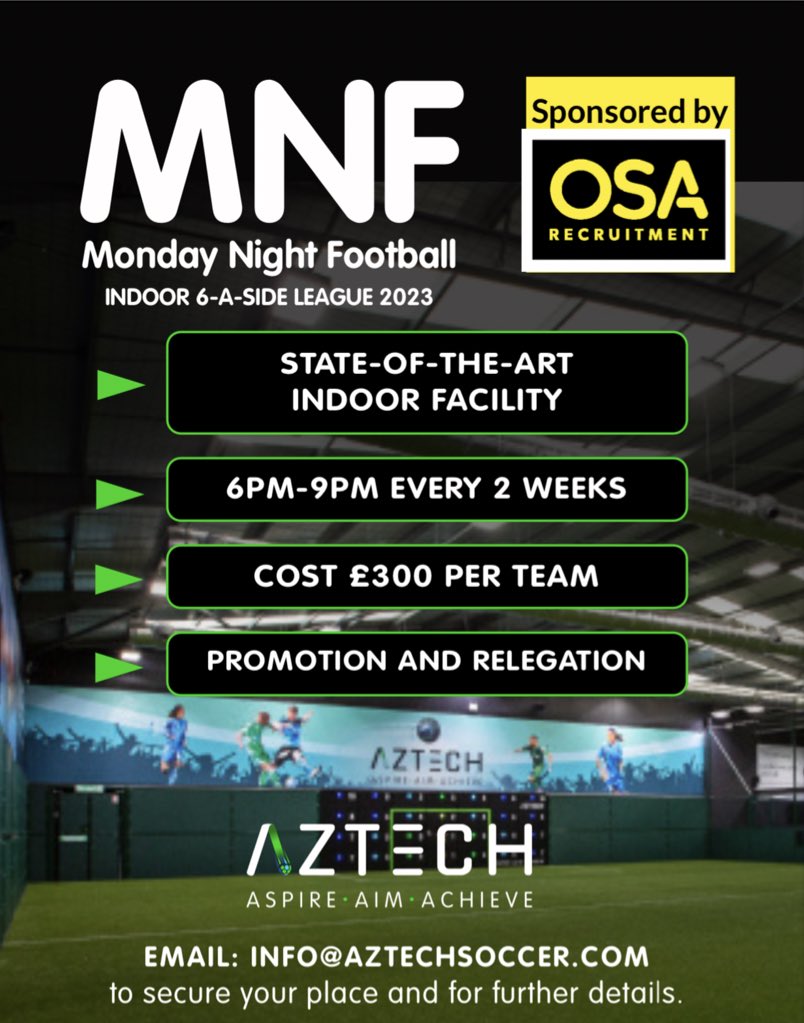 Introducing Monday Night Football, our indoor 6-a-side league. 

Email: info@aztechsoccer.com to secure your place and for further details.