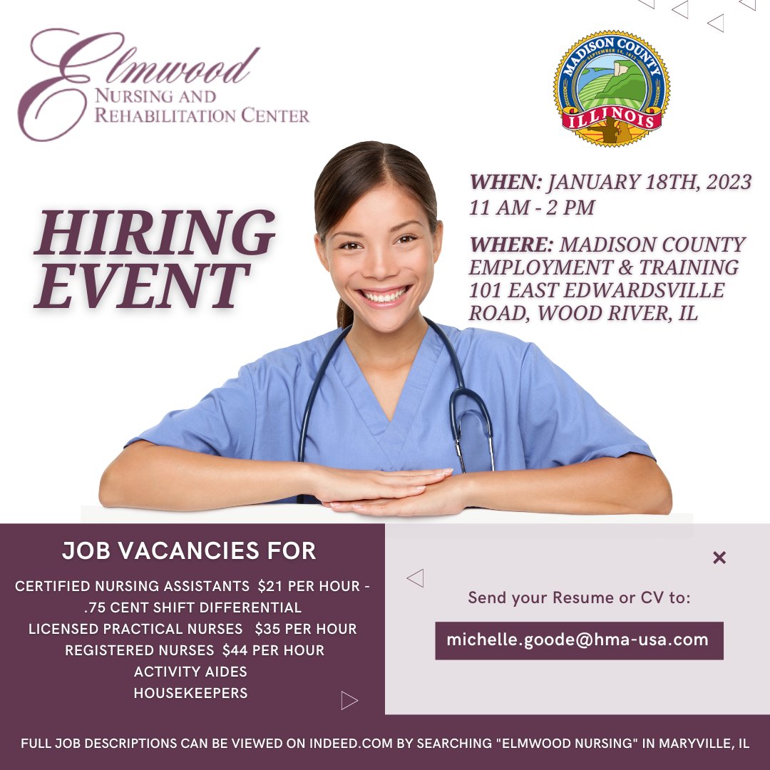 Hiring Event! Elmwood Nursing and Rehabilitation will be partnering with Madison County Employment &amp; Training Department to host a hiring event this coming January 18th, 2023!

Link to early application: indeed.com/jobs?q=Elmwood…

 #HiringEvent #MCETD #workforcedevelopment