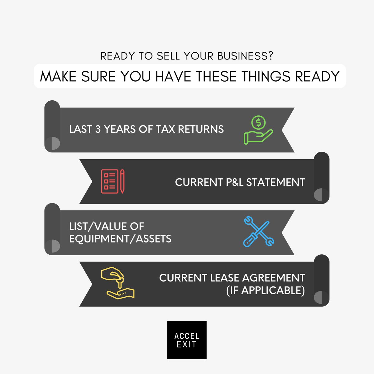 AccelExit's tweet photo. READY TO SELL YOUR BUSINESS? 💸
-
Here are 4 things you will want to have handy when you are getting ready to sell your business.
-
Our team at Accel Exit Advisors can guarantee top qualities that you will look for when finding a business broker!
-
📧 info@accelcre.com https://t.co/13hNTgk47h