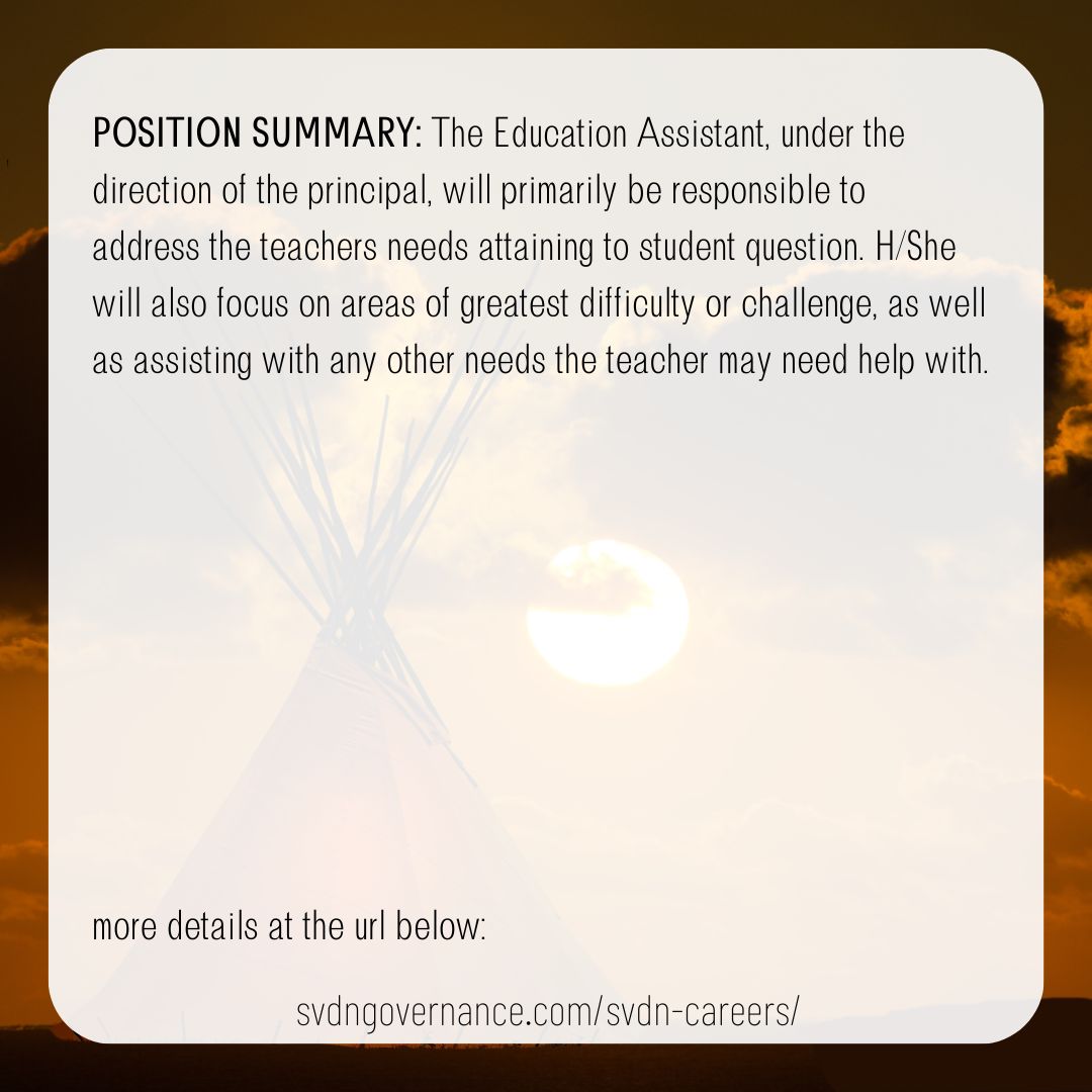 SVDN_Education_Educational_Assistant_2023.01.20_202295
Deadline: January 20, 2023 4:00 pm

svdngovernance.com/svdn-careers/