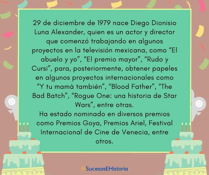 ESucesos's tweet photo. Un día como hoy, Diego Luna 

#29deDiciembre #UnDiaComoHoy #FelizJueves #FelizCumpleañosDiegoLuna #HappyBirthdayDiegoLuna #peliculas https://t.co/LPq6yarAZA
