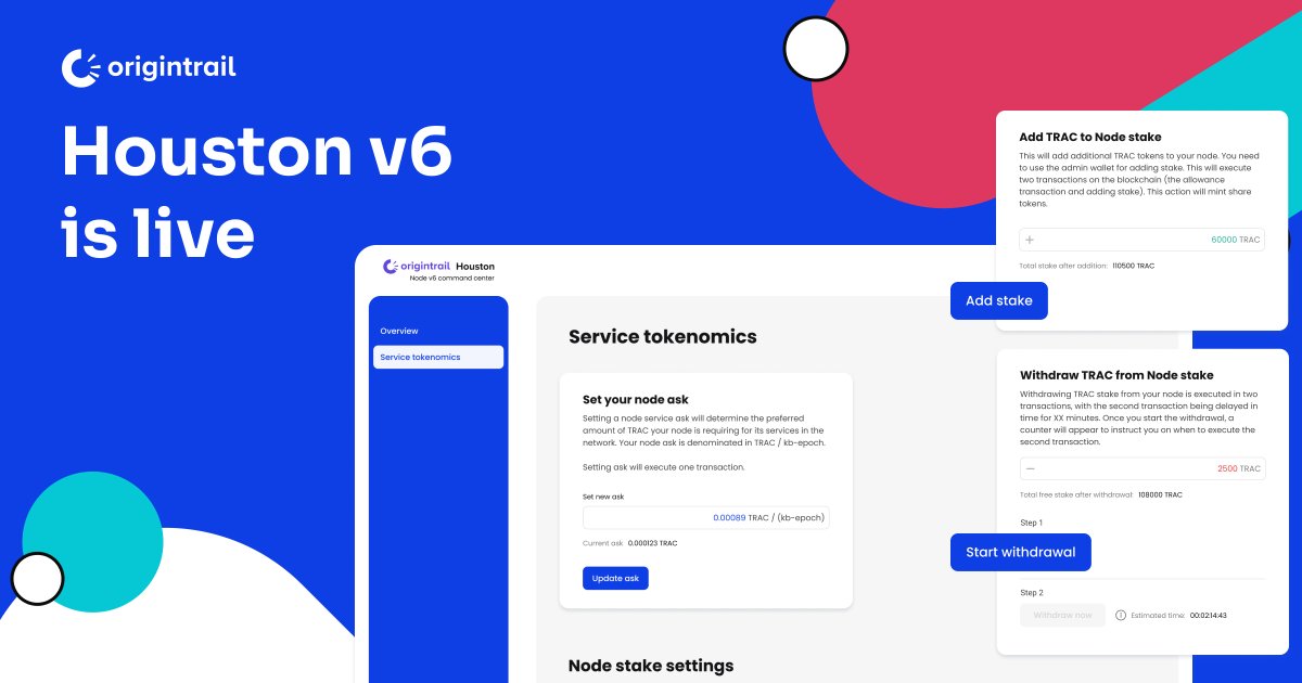 origin_trail's tweet photo. We are excited to announce the release of the brand new #Houston app for enhanced management of your OriginTrail #V6 node!
This version allows you to:
πmonitor network growth
πͺmanage $TRAC stake & node keys
ποΈoptimize tokenomics settings
Launch here: https://t.co/75dfV9rNAI https://t.co/zNe2tF8MAf