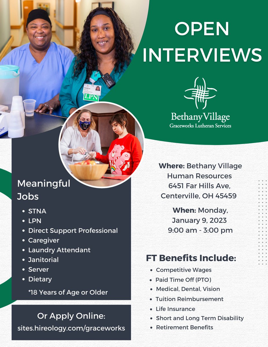 Looking for meaningful work heading into the new year?
🗓️ #OpenInterviews
Monday, Jan. 9th from 9am-3pm
HR Office: 6451 Far Hills Ave #Centerville

Dietary &amp; Janitorial Staff #STNA #LPN #DirectSupportProfessional #Caregiverjobs