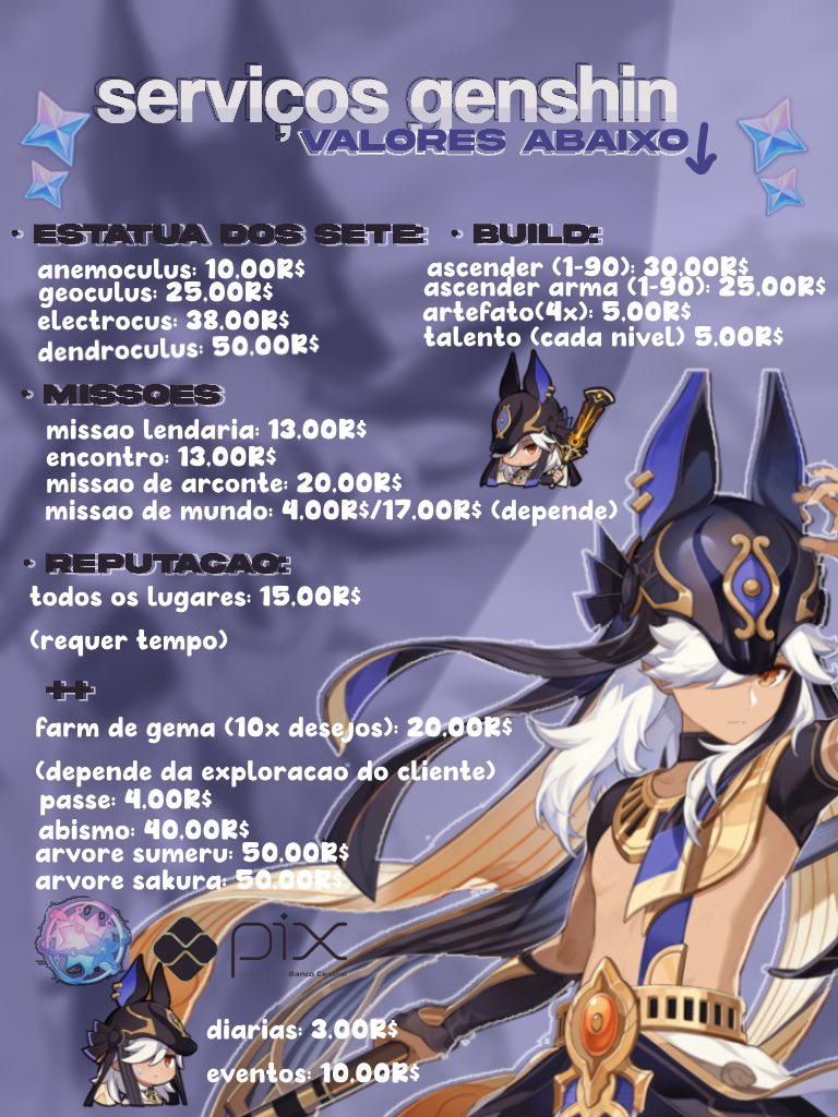 CYN0GRR's tweet photo. Aqui está os valores! Ultimamente ando precisando de dinheiro então por enquanto estou a fazer esses serviços para pessoas que precisam. Minha conta de genshin é AR60 então sei bastante sobre o que estou fazendo. 

! Isso é uma thread então leia mais abaixo. ! https://t.co/wRorCa5SWT