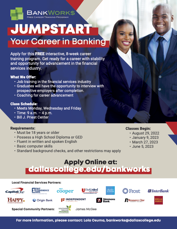 goldenseedscdc's tweet photo. BANK WORK$ Career Training Program. This is a free interactive 8-week career training program provided by Dallas College. Next class: Jan 9th, 2023. Please apply at:  https://t.co/GfwxRzyJQh https://t.co/1C9BXDIgo1