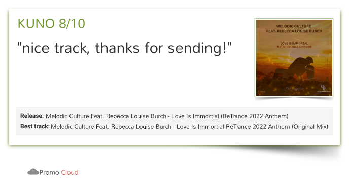 LiftedLabelGrp's tweet photo. KUNO reviewed @melodicculture - Love Is Immortial ReTrance 2022 Anthem (Original Mix). 8/10   @melodicculture #rebeccalouiseburch #liftedtrancem https://t.co/cQy1ynAKwp