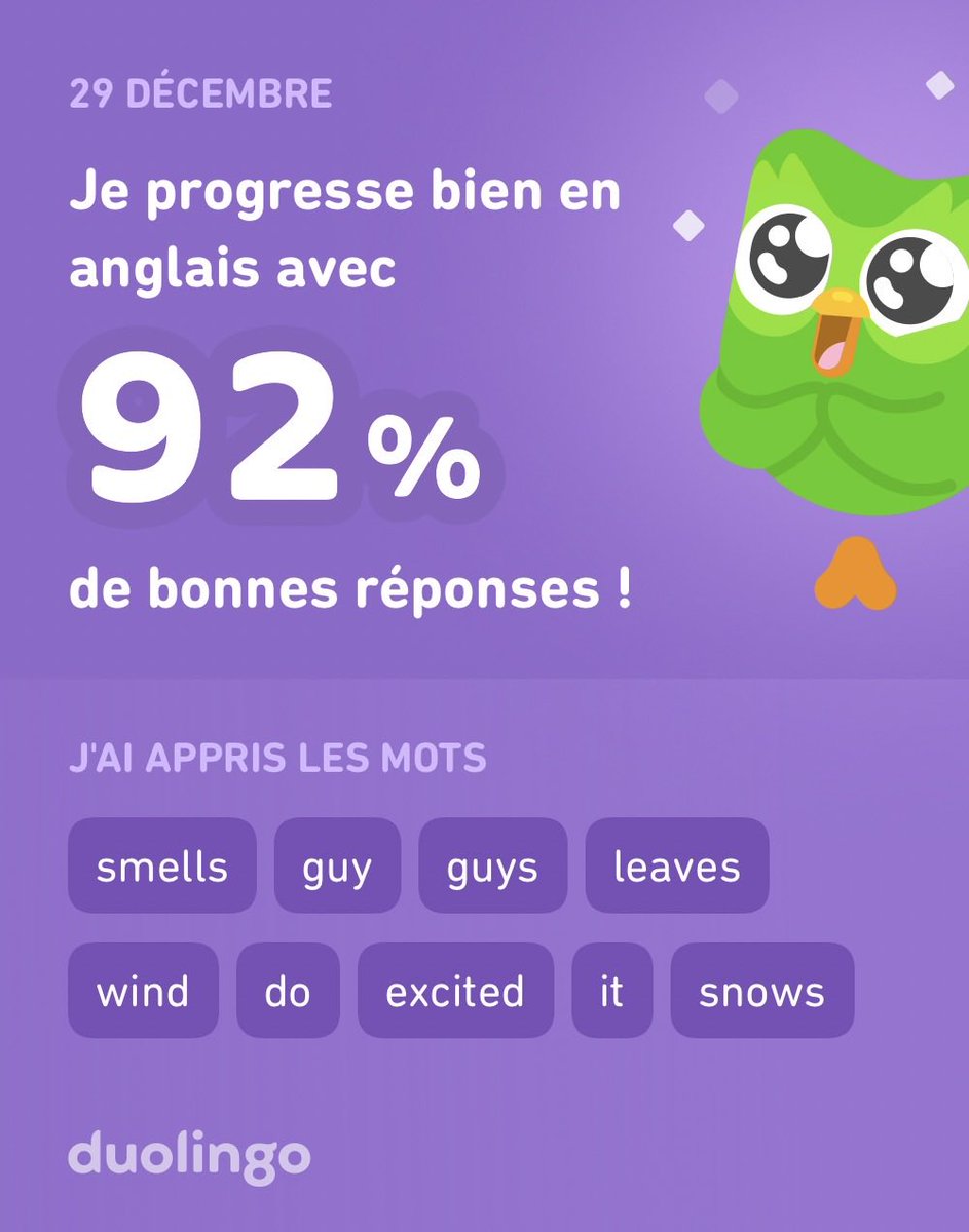J'apprends l'anglais avec Duolingo ! C'est gratuit, fun et efficace.