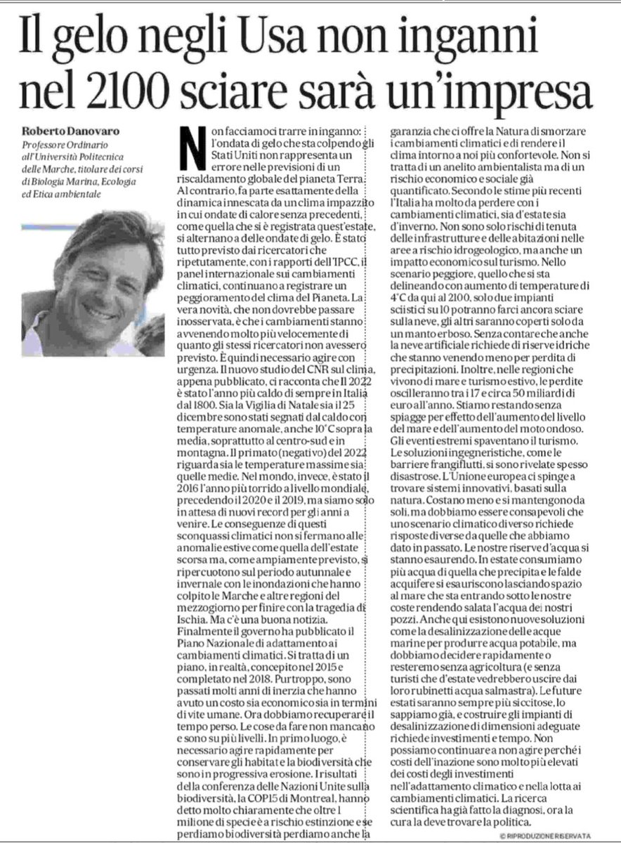 r_danovaro's tweet photo. Nonostante il gelo negli USA di questi giorni le previsioni sui cambiamenti climatici ci dicono che la neve tra qualche tempo sarà un miraggio. In progressiva erosione anche le coste, con conseguenze gravi su Natura ed economia - oggi sul Corriere Adriatico https://t.co/LgyBSJVeKc