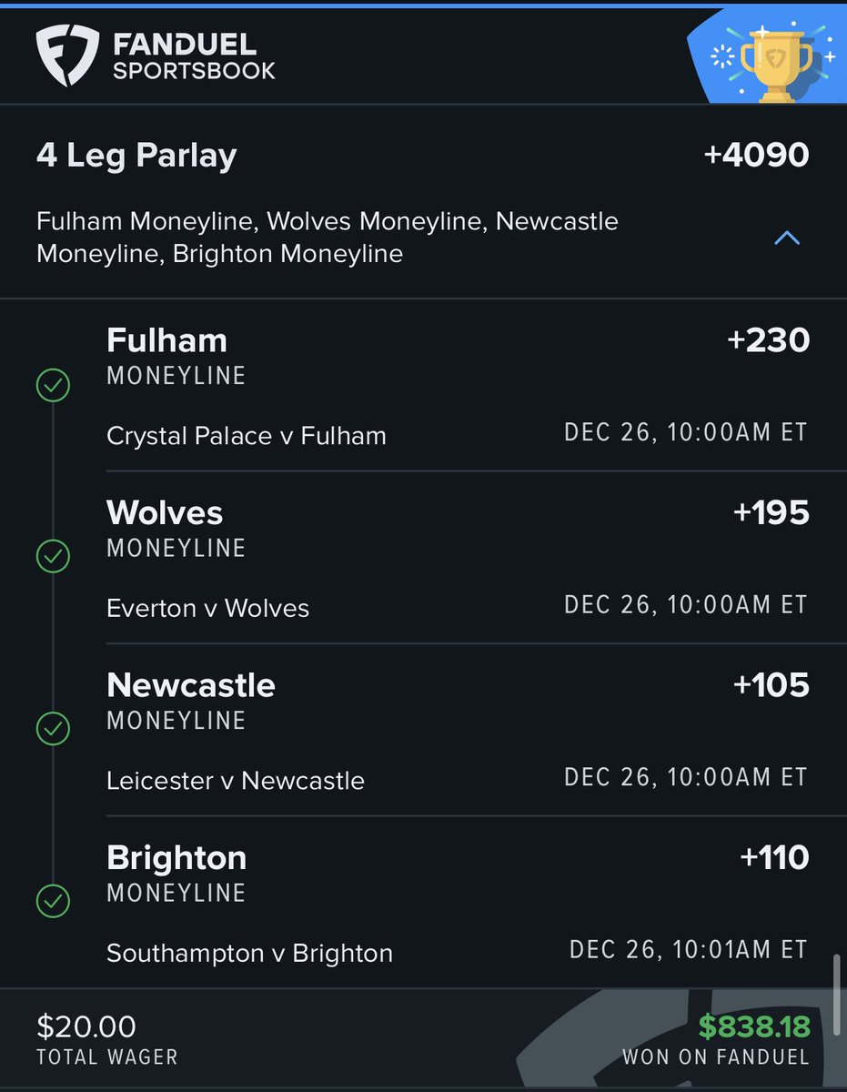 Cappernapper's tweet image. Boxing Day parlay recaps. Building a bank roll utilizing .1 - .2 unit parlays.

Turn on notifications for NYE picks

 #EPL #GamblingTwitter #picks