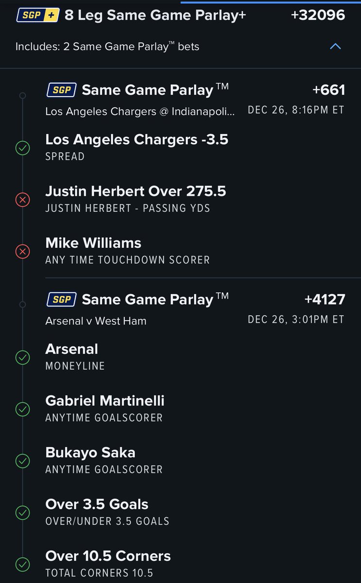Cappernapper's tweet image. Boxing Day parlay recaps. Building a bank roll utilizing .1 - .2 unit parlays.

Turn on notifications for NYE picks

 #EPL #GamblingTwitter #picks