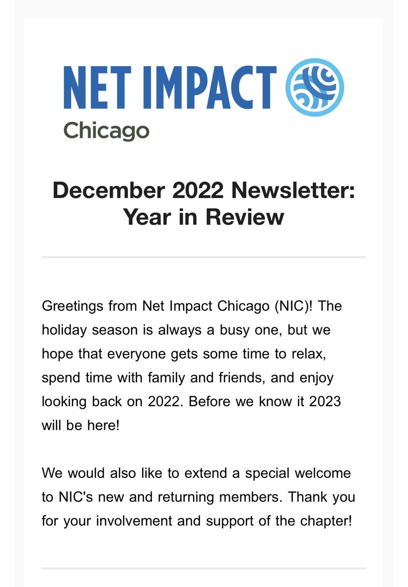 Hello Net Impact Chicago! 

We hope everyone had a great holiday season and is getting ready to close out the year. Our final 2022 newsletter came out recapping our wonderful year. We can't wait for more in 2023!

Check it out on our blog: netimpactchicago.org/blog
