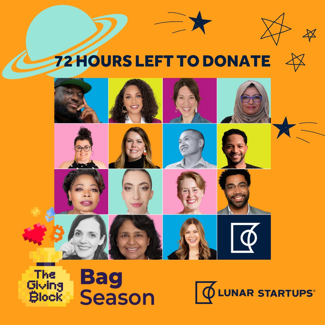 There are only 72 hrs left of #BagSeason hosted by <a href="/TheGivingBlock/">The Giving Block</a> — do you have crypto to give? 💰
Your contribution to Lunar helps us create change for founders who identify as BIPOC, LGBTQ+, women, &amp; non-binary.

Make an impact by donating #Crypto here: bit.ly/3TJghIv