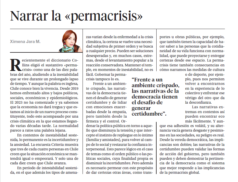 FactorCritico_'s tweet photo. Narrar la #permacrisis o tener como propósito comunicar certezas, un #factorcritico en tiempos de crispación.

Lee la columna de nuestra socia @cronopioaustral en @La_Segunda de hoy:
👉https://t.co/XIopP3Jb8G https://t.co/KIuaDHRG0r