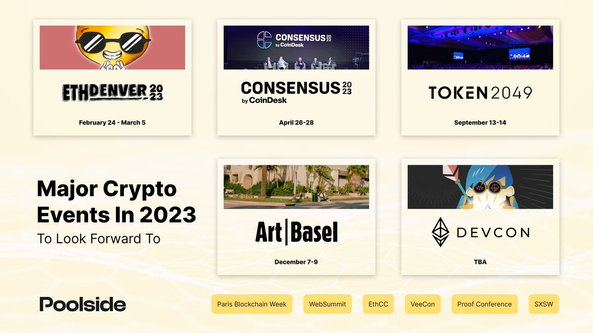 polkastarter's tweet photo. Major Crypto Events In 2023 To Look Forward To  👀

Feb: @EthereumDenver

Apr: @consensus2023

Sep: @token2049

Dec: @ArtBasel

TBA: @EFDevcon

@PoolsideCo curated a list to make it easier for you to plan your 2023.
#Freemint an OAT to unlock: https://t.co/YaXNUr53Vv https://t.co/TcXJYf8N8v