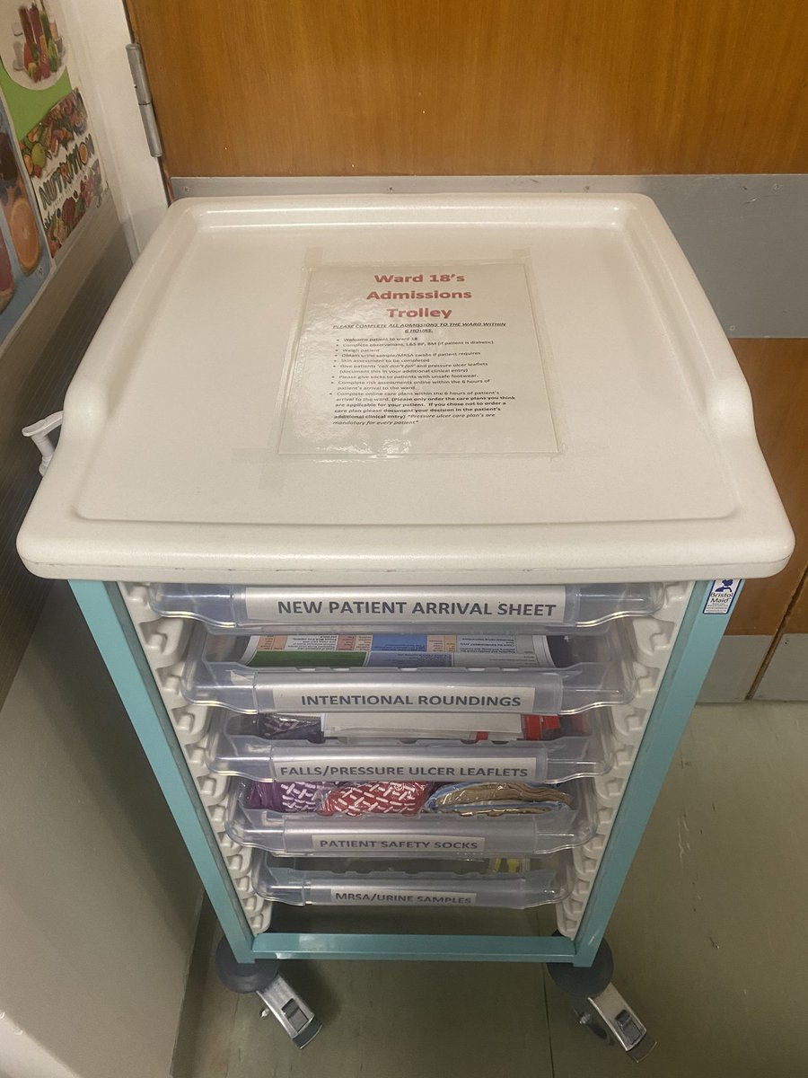 becr90's tweet photo. Ward 18’s new admissions trolley to aid in admissions and patient safety on the ward.  New patient arrival sheet for a visual to support each other in safe admissions to the ward 🙂 #patientsafety @ward18_rph @Sarahnoble88 @NikkiEvs11 @hsergeant123098 https://t.co/9iMCtu8xUV