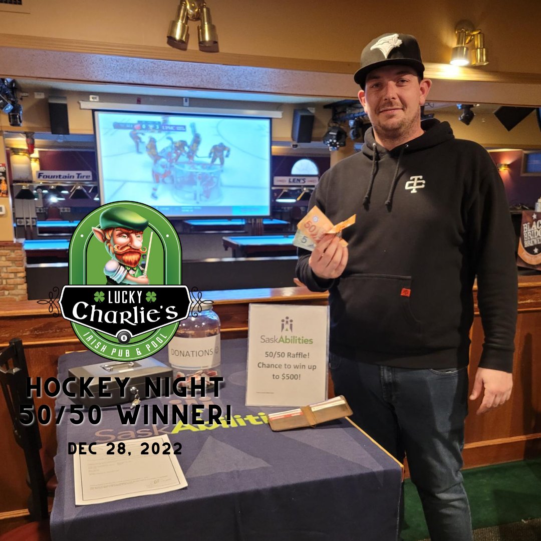 Congratulations to our 50/50 winner Riley Schmidt from Dec 28th for another Wednesday Hockey Night at Lucky Charlie's! 🙌

Our next 50/50 comes on Jan. 11, 2023, so be sure to mark your calendars and head down to Lucky Charlie's for another exciting Hockey Night! 🏒