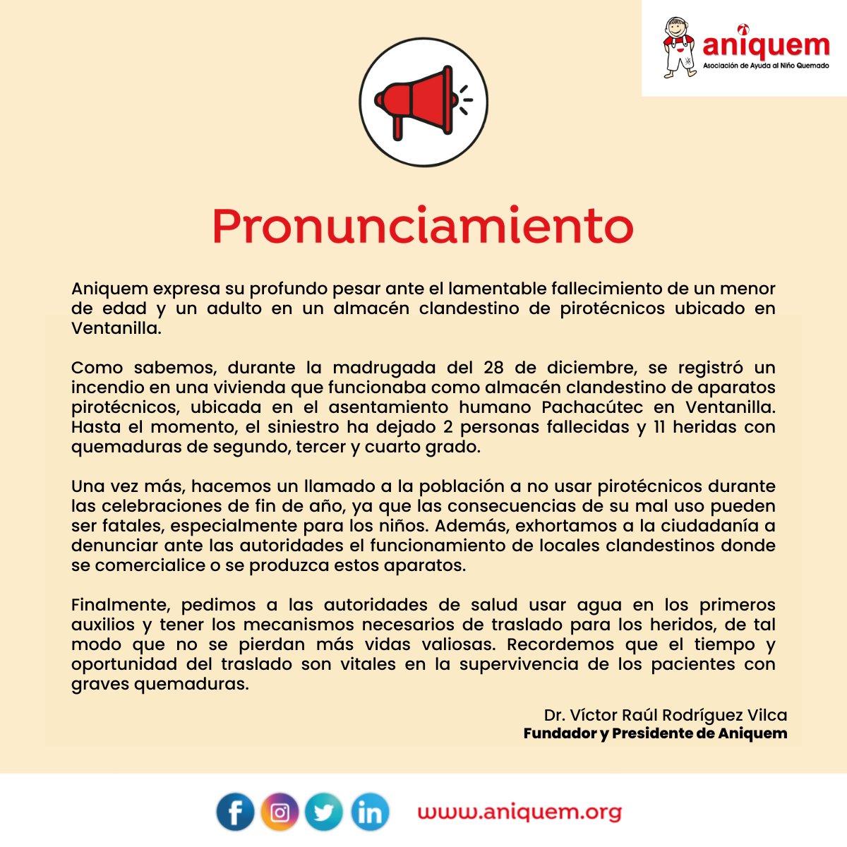 📣Pronunciamiento de Aniquem ante el incendio en un taller clandestino de pirotécnicos que ha dejado 2 personas fallecidas y 11 heridas con graves lesiones por quemaduras.