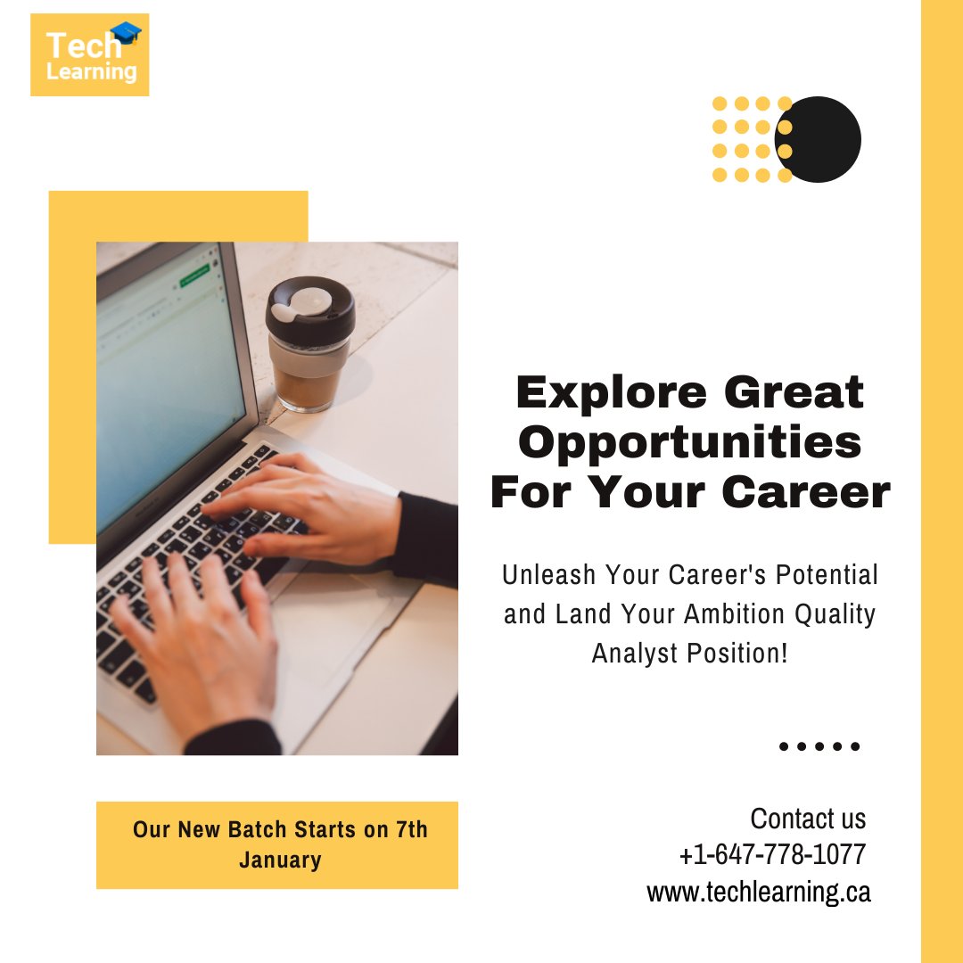 Techlearningca's tweet image. Explore Great Opportunities For Your #Career.
Unleash Your Career's Potential and Land Your Ambition #QualityAnalyst #Position!
:
Join our new batch- Starting 7th #January
:
Enroll Now>>>
techlearning.ca
Call>>> +1-647-778-1077