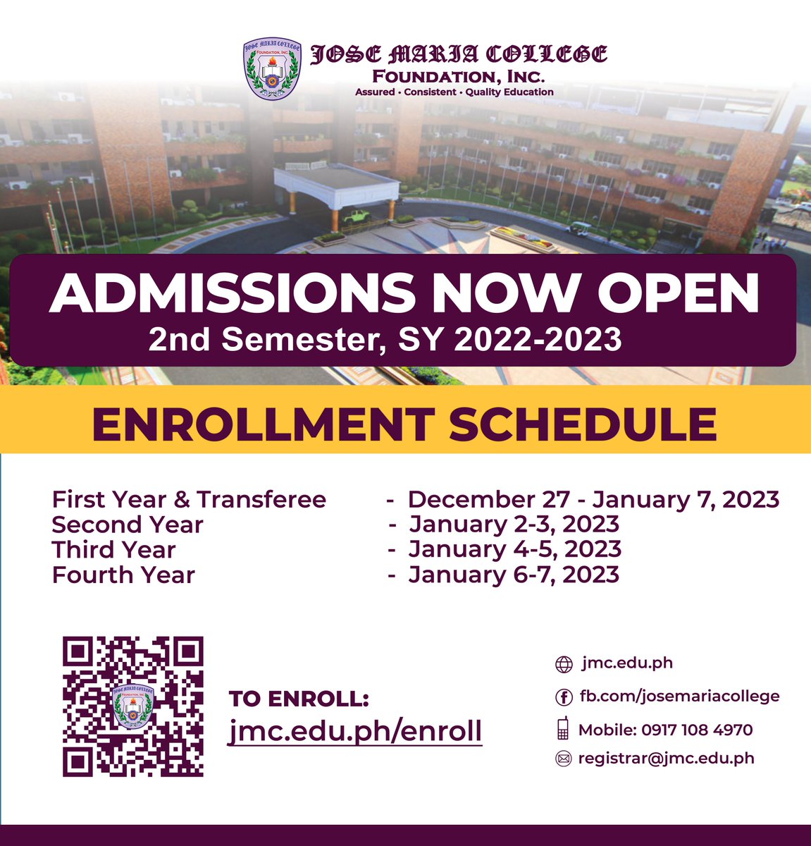 jmcedu_ph's tweet photo. ADMISSIONS NOW OPEN | JMCFI Enrollment Links for 2nd Sem, SY 2022-2023
For College (Undergraduate) Programs and College of Medicine:
1. Go to https://t.co/97I2ovovdV
2. Login using credentials sent through email by IT Office 
For SHS and College of Law:
https://t.co/ER48ElEE2b https://t.co/c29Auiehjm