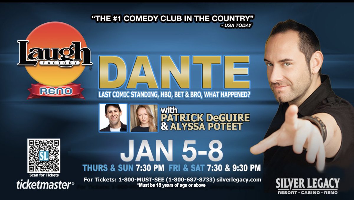 See me in #Reno #Nevada at the Laugh Factory!! @LaughFactoryRNO Inside the beautiful @SilverLegacy JANUARY 5-8 w/ @completePotweet ticketsmarter.com/venues/laugh-f…