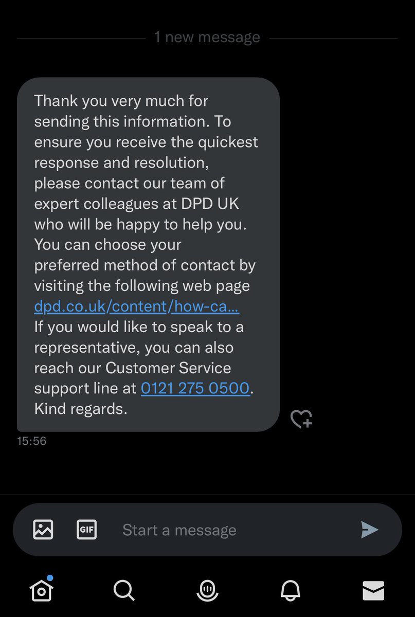 NickDWelch's tweet photo. @DPDgroup_news @Dpdgroup_news Are you serious!!? You’re attempt at a resolution is to direct me back to the customer service number which I have already communicated to you is not answering calls?! https://t.co/byFCs3Y5Te