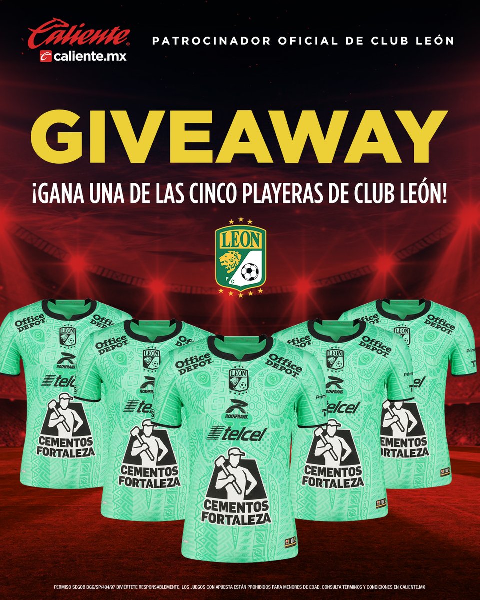 Club León (@clubleonfc) on Twitter photo 🚨🦁GIVEAWAY FIERA 🦁🚨
GANA UNO DE LOS 5 JERSEYS ALTERNOS DE CLUB LEÓN 👕🦁
1️⃣ Da RT a este tweet
2️⃣ Sigue a <a href="/calientesports/">Caliente Sports</a> en TW e IG instagram.com/caliente_sports
3️⃣ Responde a este tweet con el hashtag #MásAcciónMásDiversión 🔥
¡Se anunciarán a 5 ganadores! 🚨🦁GIVEAWAY FIERA 🦁🚨
GANA UNO DE LOS 5 JERSEYS ALTERNOS DE CLUB LEÓN 👕🦁
1️⃣ Da RT a este tweet
2️⃣ Sigue a <a href="/calientesports/">Caliente Sports</a> en TW e IG instagram.com/caliente_sports
3️⃣ Responde a este tweet con el hashtag #MásAcciónMásDiversión 🔥
¡Se anunciarán a 5 ganadores!