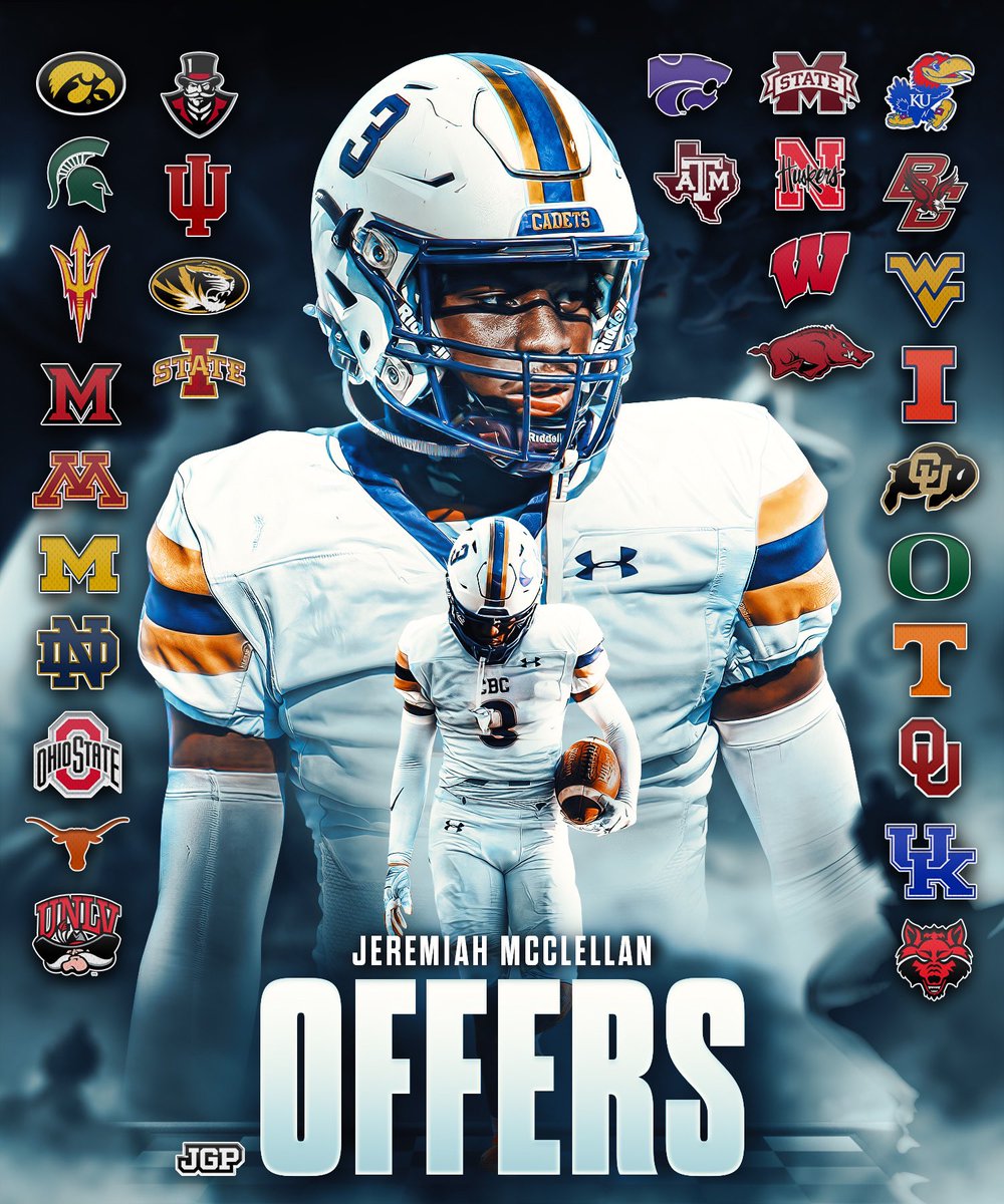 jgpvisuals's tweet photo. Offers on the table thus far for C/O 2024, 4🌟 WR Jeremiah McClellan (@jay_mac2481)! Jeremiah is from Saint Louis, MO &amp; is currently #153 NATL. (#32 WR, #4 MO) in his class according to 247Sports! 
-
Where should he go? 🤔👇 https://t.co/5VMCKYSIXE