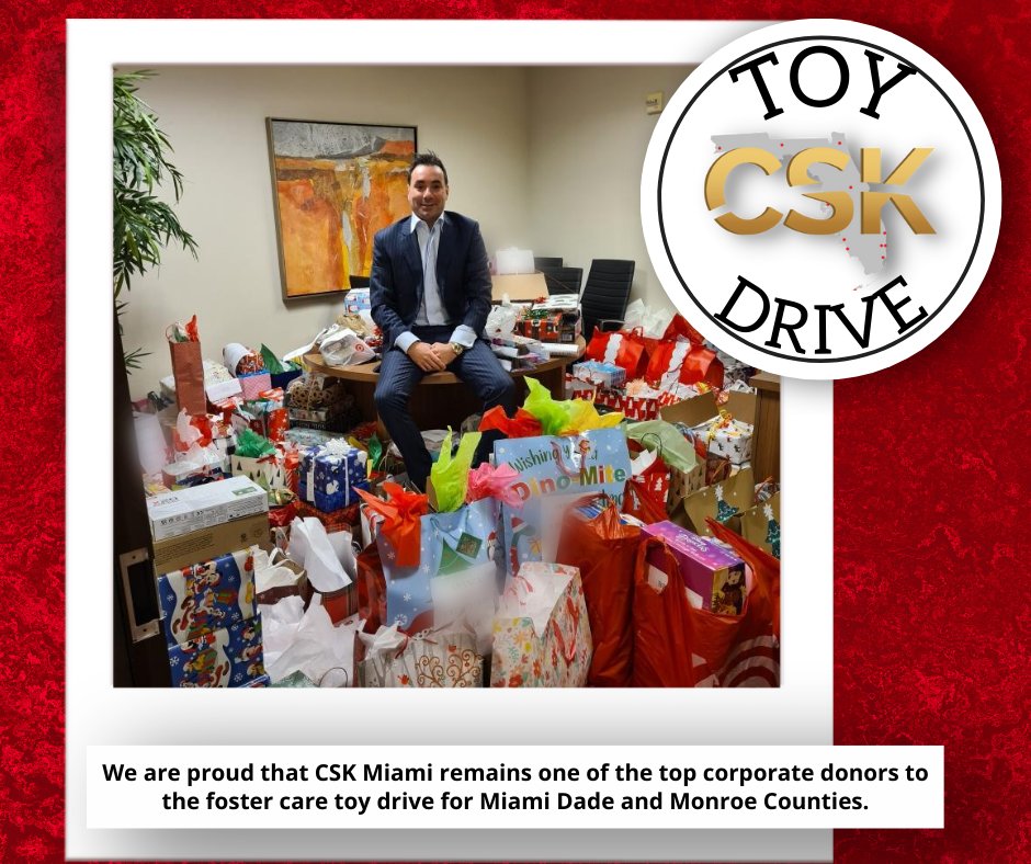 CSKLegal's tweet photo. We are proud that CSK’s Miami office remains one of the top corporate donors to the toy drive for Miami Dade & Monroe Counties. This year CSK Miami sponsored 242 foster care children! This is a group effort coordinated by Miami Partner, Cody German.
#CSKCares #CSKCommunity https://t.co/A0QS8HXFfq