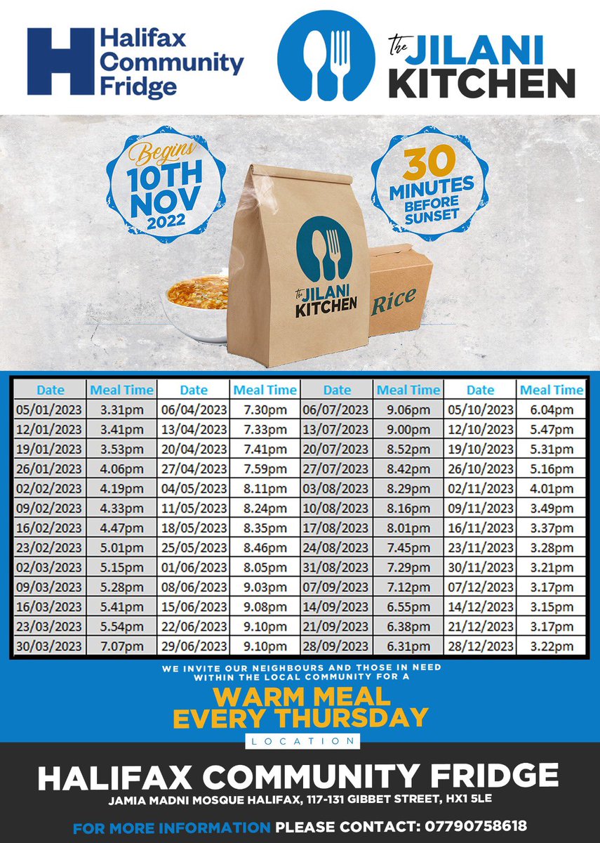 Here’s the dates and times for 2023, for Thursday’s weekly Jilani Kitchen at the Halifax Community Fridge. 

Please share with anyone who may benefit from a free warm meal.

#HalifaxCommunityFridge
#TheJilaniKitchen
#MoreThanJustAFridge