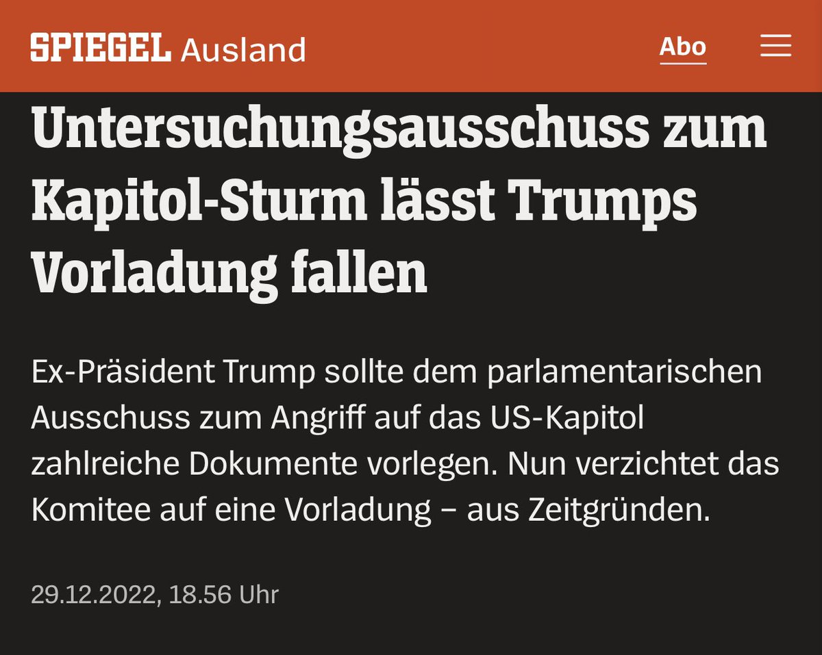 Mehr als tausend Zeugen befragt und dann „keine Zeit“ mehr #Trump unter Eid zu befragen?

Die Typen sind so peinlich - und die Presse springt jedesmal wieder auf „Anklage gegen Trump“ an…