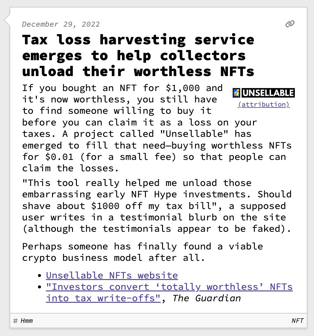 web3isgreat's tweet image. Tax loss harvesting service emerges to help collectors unload their worthless NFTs

December 29, 2022
web3isgoinggreat.com/?id=tax-loss-h…