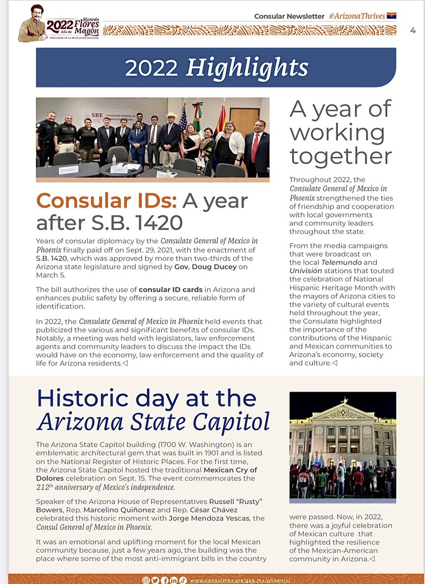 ConsulMexPho's tweet photo. 📣2022 is coming to an end, find out the #2022Highlights in the latest edition of the #ConsularNewsletter!
🔸Historic Day at the Arizona State Capitol
🔹Ambassador Moctezuma’s visit to Arizona
🔸SWING FOR Mexico Golf Tournament
& more!
🔗: https://t.co/oEjVMfAPtY https://t.co/MCgqrM0ofG