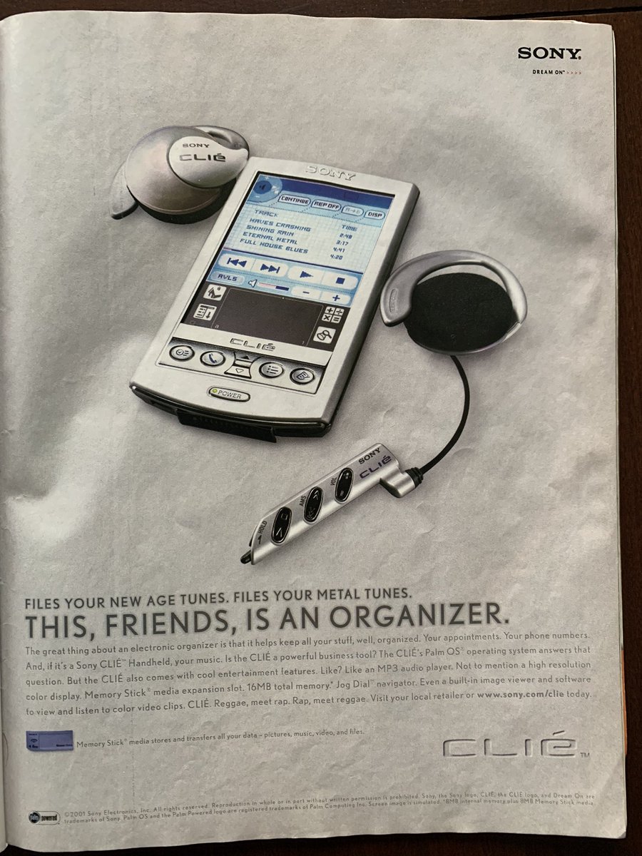 Ads:

Pg 101/103: Bacardi

Pg 108: radiovw.com (“Internet radio programmed by Volkswagen”)

Pg 111: Clié, Sony’s electronic organizer
