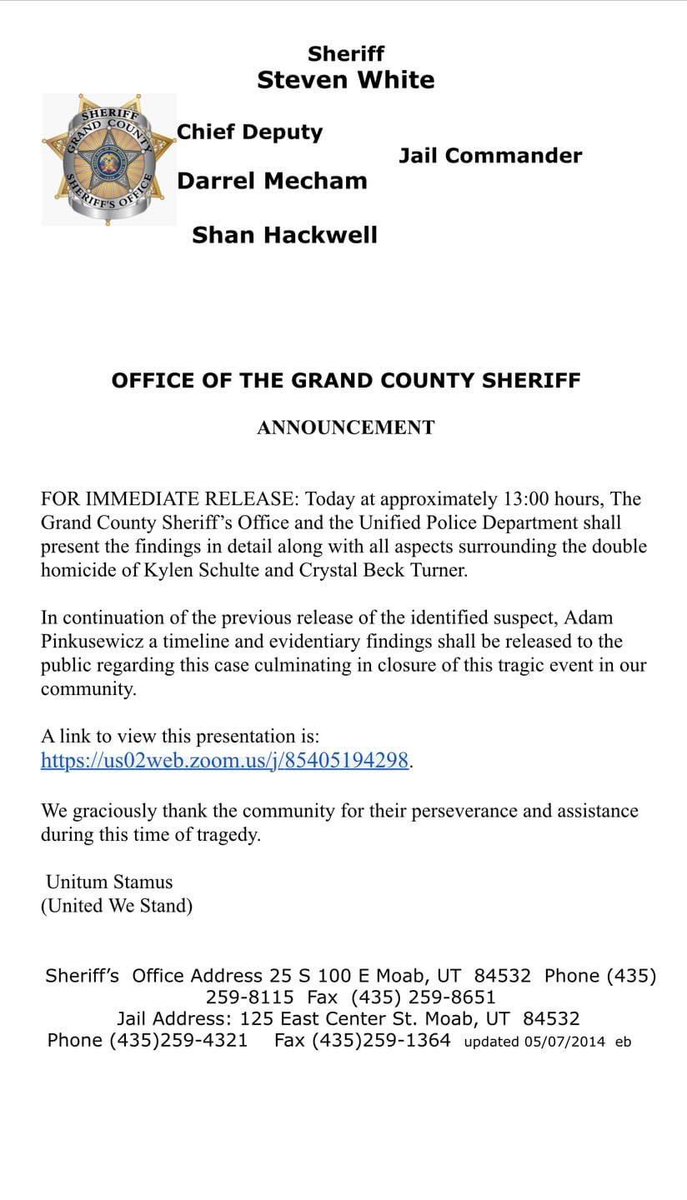 DeL2000's tweet photo. Grand County Sherrif Office announcement for today on a Crystal Turner and Kylen Schulte case. https://t.co/NdMF2WN2CP
