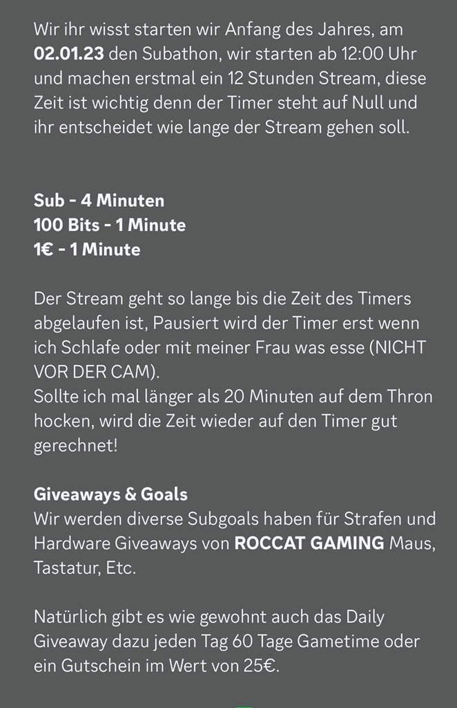 SUBATHON &amp; GIVEAWAYS 
@ROCCATGermany <a href="/BlizzardCSEU_DE/">Blizzard CS EU DE</a> 
Natürlich gibt es weiterhin das 60 Tage Gametime Giveaway❤️