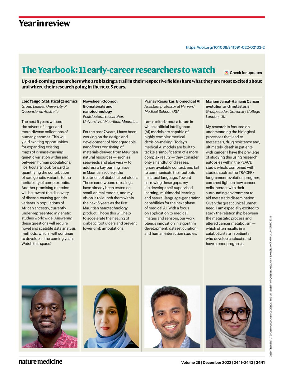I am thrilled to be named as one of <a href="/NatureMedicine/">Nature Medicine</a>'s 11 trailblazing early-career researchers shaping the future of medicine! Excited to continue building AI to transform biomedicine over the upcoming years.