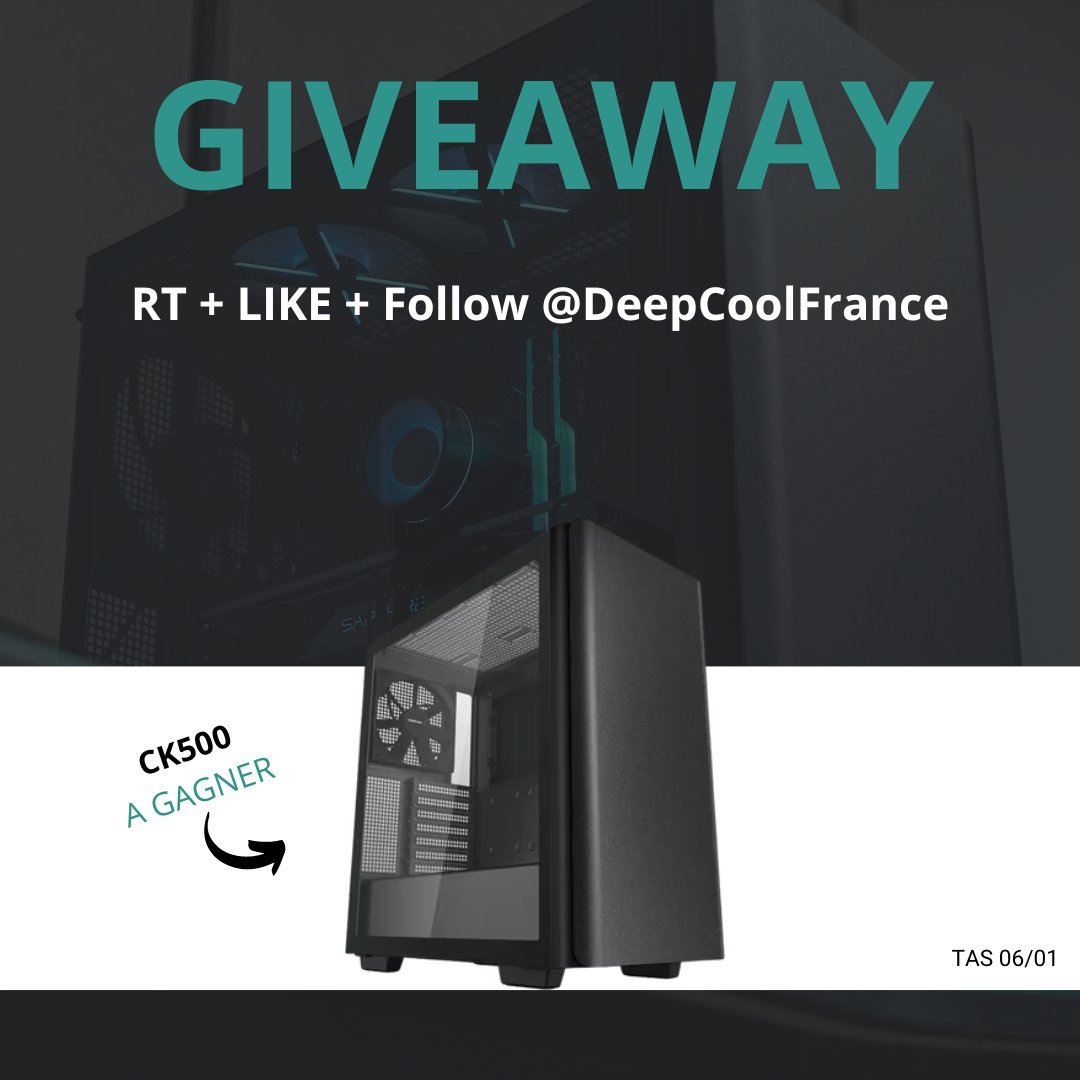 DeepCoolFrance's tweet photo. Nouveau #GIVEAWAY 🥳
Un CK500 à gagner !
Pour participer 👇
- #RT
- #Like
- #Follow @deepcoolfrance https://t.co/oNUntNweZY