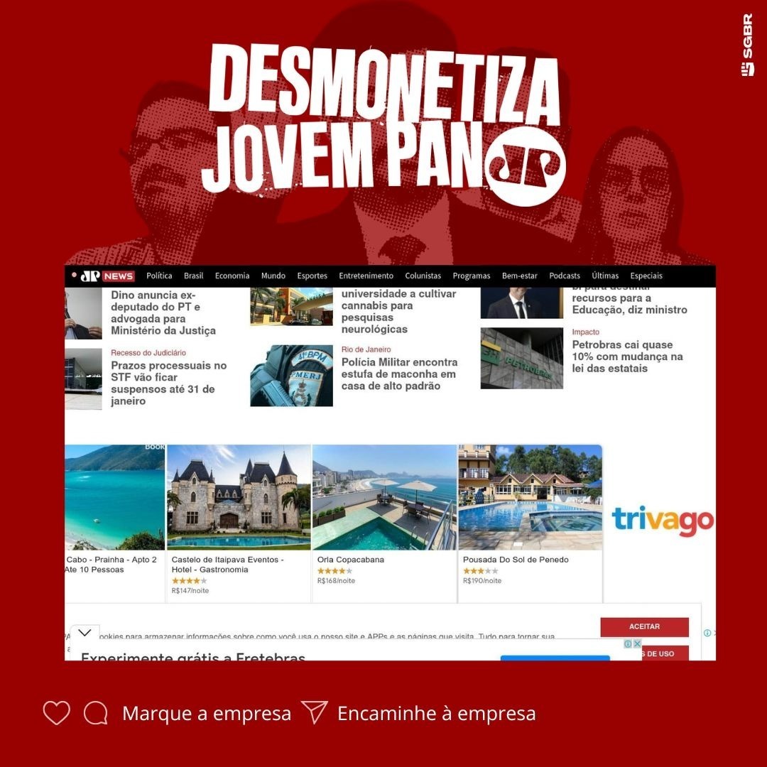 Olá <a href="/trivago/">trivago</a>, tudo bem? Com vocês encontramos viagens para todos os lugares, mas infelizmente, seu anúncio visitou o site de desinformação da Jovem Pan. Não deixe que o discurso golpista viaje pelo Brasil. Pfv #DesmonetizaJovemPan✊🏽

Marque a empresa para conscientiza-la👇🏽