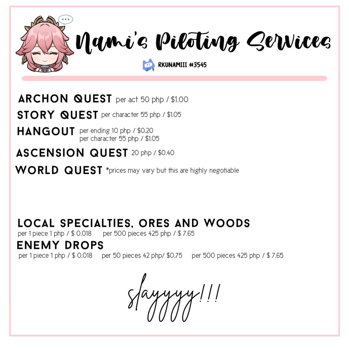 guujiiyaee's tweet photo. ⚘ . . . . namiii.guuji

no time to play genshin? i gotcha!
namiii coming through your way!

here's my official pricelist for my services ^^

#genshinpilot #genshinimpact https://t.co/yt9zj638em