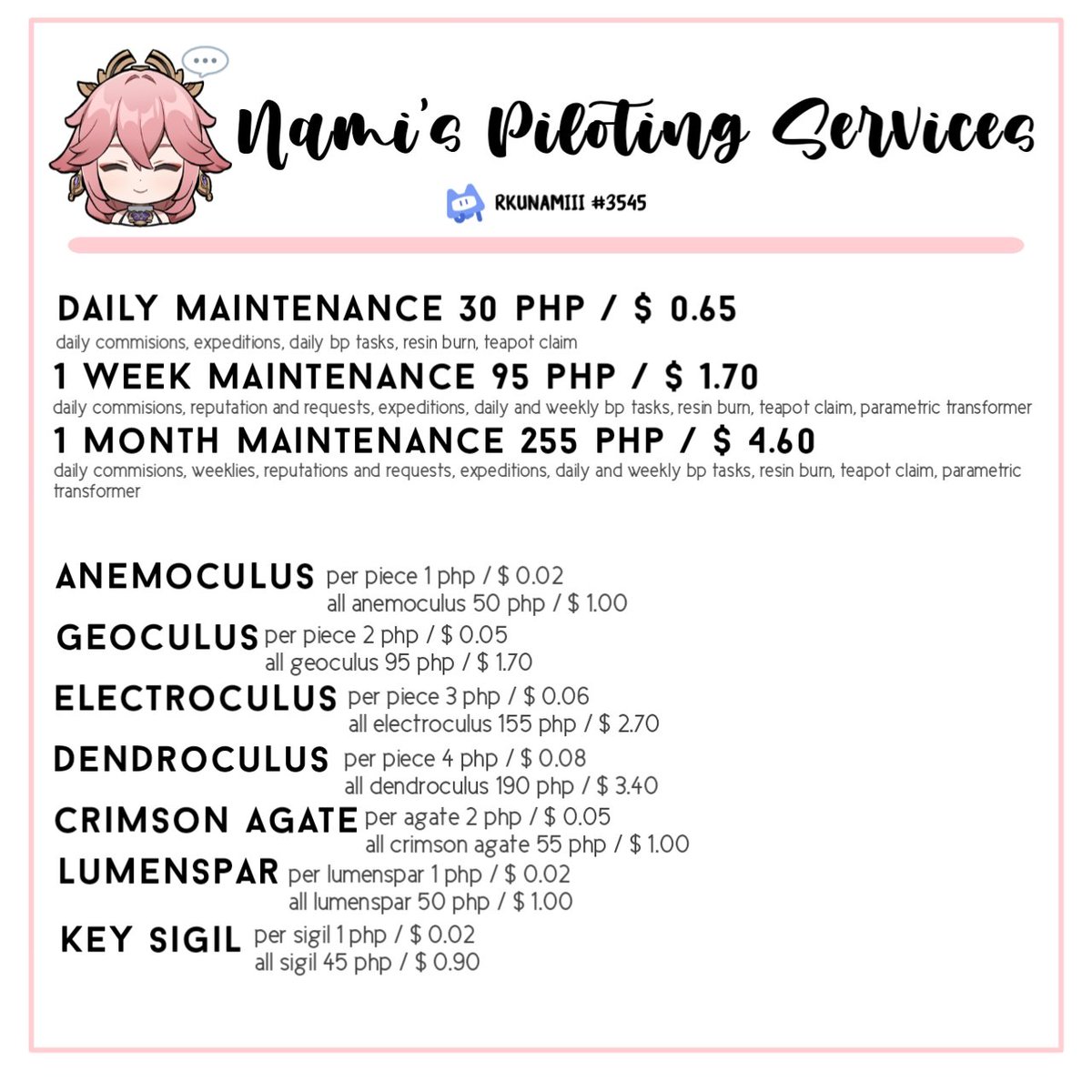 guujiiyaee's tweet photo. ⚘ . . . . namiii.guuji

no time to play genshin? i gotcha!
namiii coming through your way!

here's my official pricelist for my services ^^

#genshinpilot #genshinimpact https://t.co/yt9zj638em