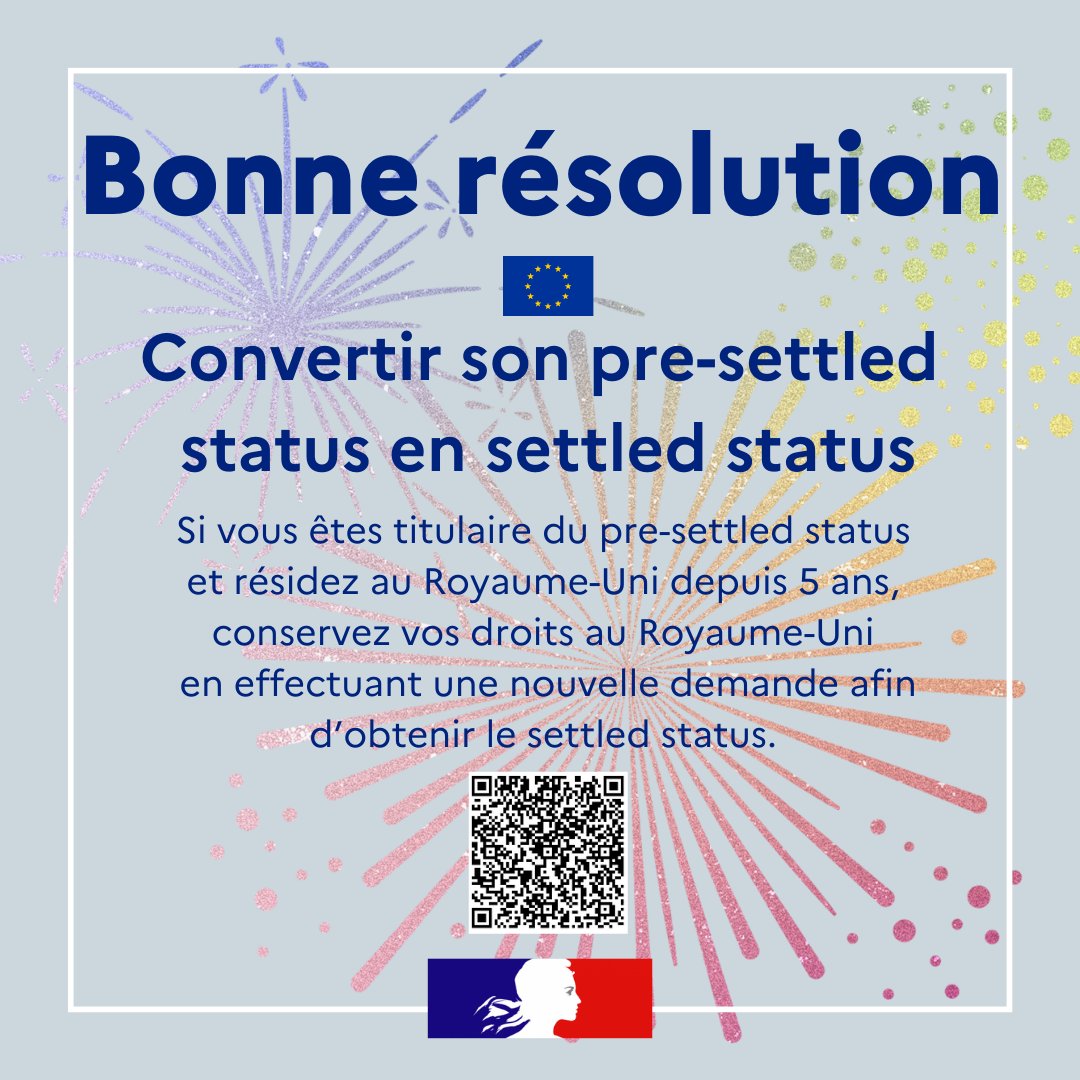 Nous partageons avec vous cette semaine des idées de résolutions du #NouvelAn qui vous simplifieront la vie en 2023 !

No.1: Conservez vous droits au Royaume-Uni en convertissant votre 🇪🇺 pre-settled status en settled status. 

👉gov.uk/settled-status…