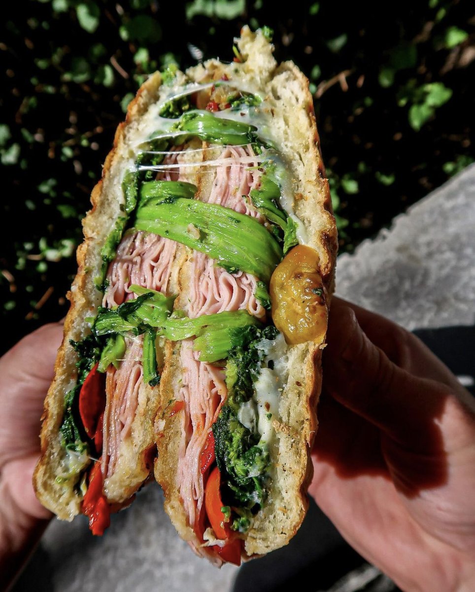 "THE #14 PANINI: mortadella, provolone, broccoli rabe, hot peppers and evoo #stamfordfoodie @stamfordfoodie " 🥦🥪 #eatbroccolirabe #broccolirabe #paninilovers #paninis