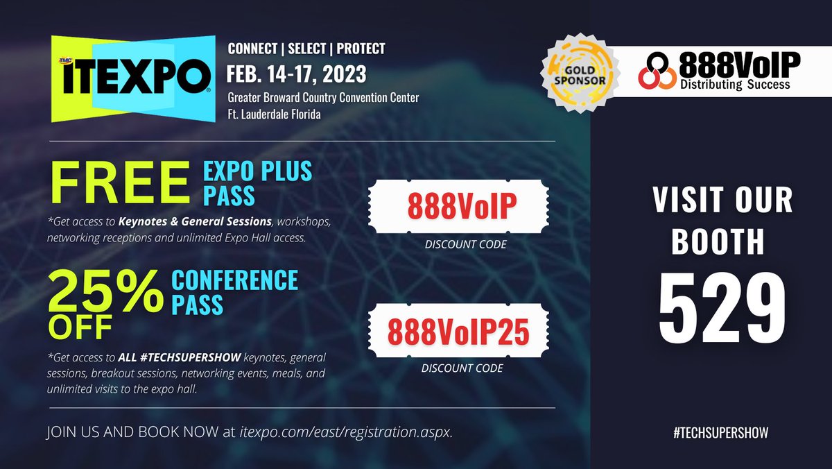 888Voip's tweet photo. Want to join us at ITExpo but don't have a pass yet? You don't have to worry, as we've got free and discounted passes! Just use our code and book it now at https://t.co/ViFqaAJyUC. Remember to visit us at booth 529 and meet the team!
#ITExpo #TechSuperShow #888VoIP https://t.co/SE6VGOaqdY
