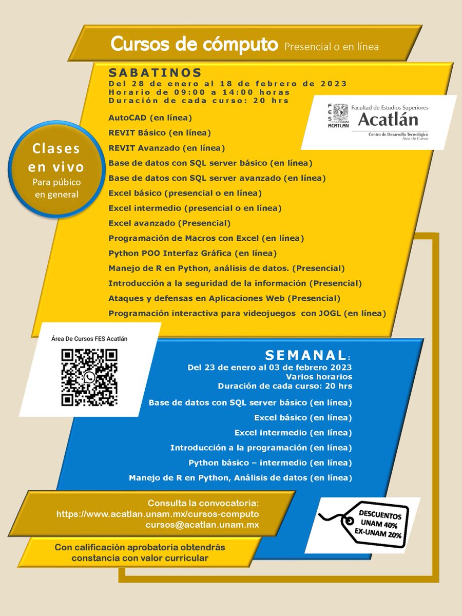 FES_ACATLAN's tweet photo. 📌 Público en general: Complementa tus conocimientos: 👉 Asiste a los Cursos de Cómputo, Sabatinos y Semanales.

Más información en: https://t.co/3tKDtwI8sF

Elige entre la modalidad presencial o en línea. Iniciamos en enero. https://t.co/hbm6kyZwax